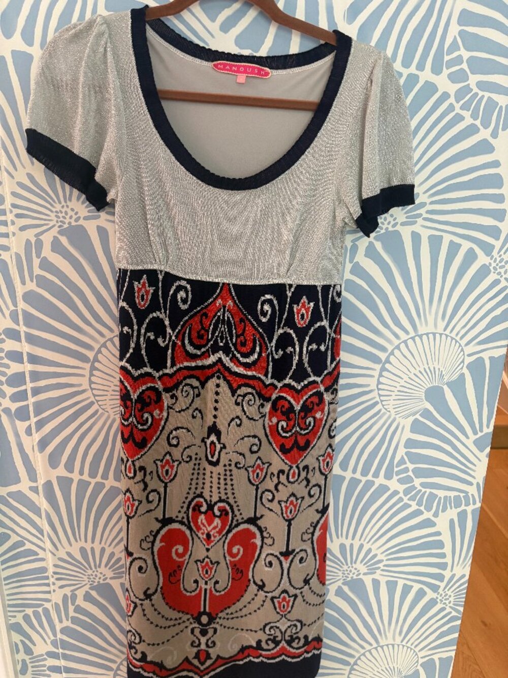 Manoush Paris Metallic Knit & Damask Printed Empire Waist Dress